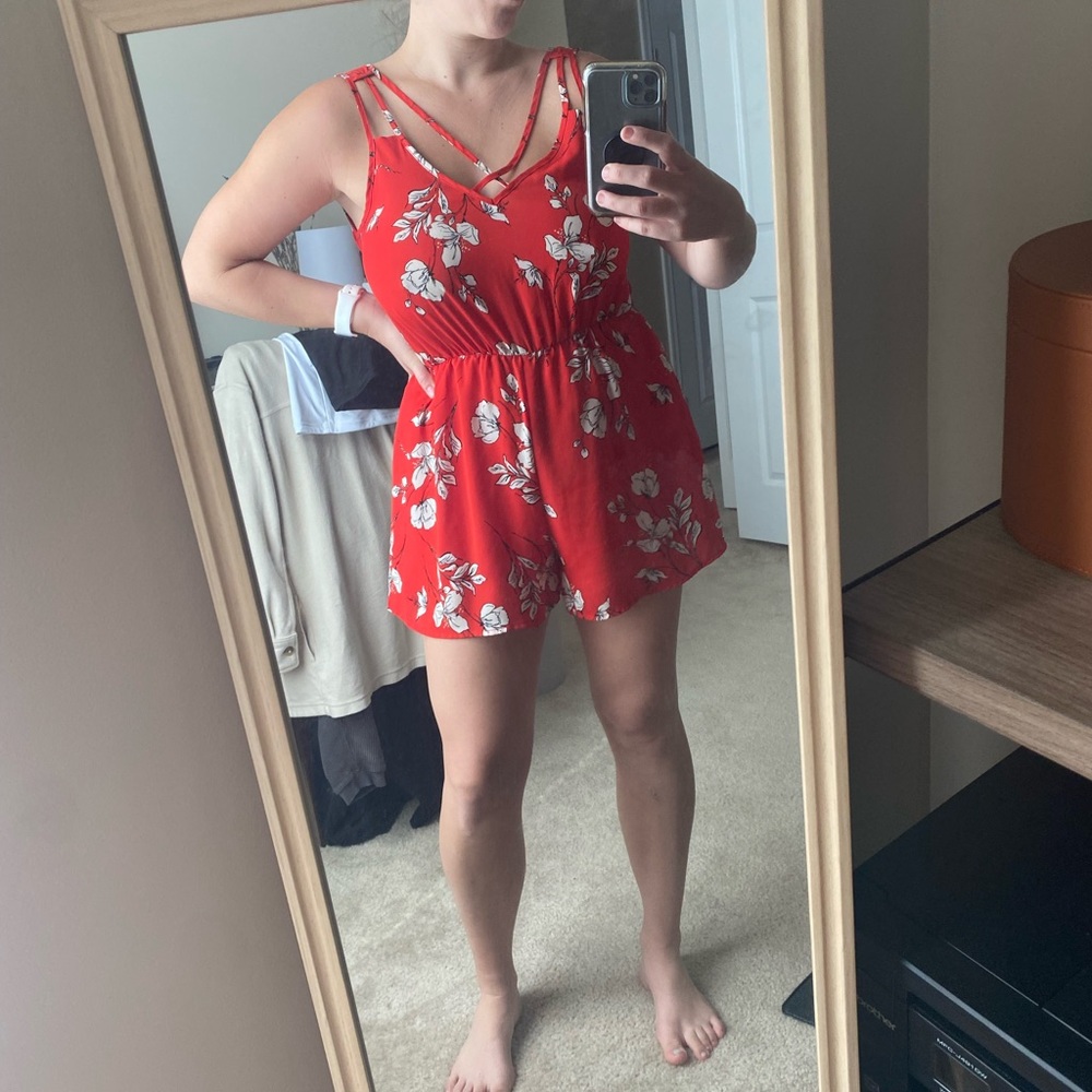 Red Floral Strappy Romper - Great material. Size M